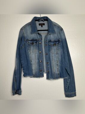 Shyanne XL Blue Denim Jean Jacket Raw Frayed Hem Western Cowgirl Distressed Crop